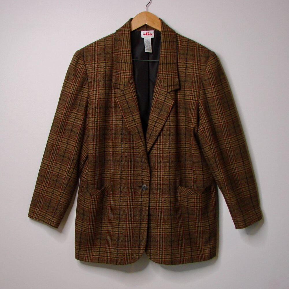 Vintage Alia Brown Plaid Check Blazer Jacket Wool Blend Oversized Size 14 XL XXL